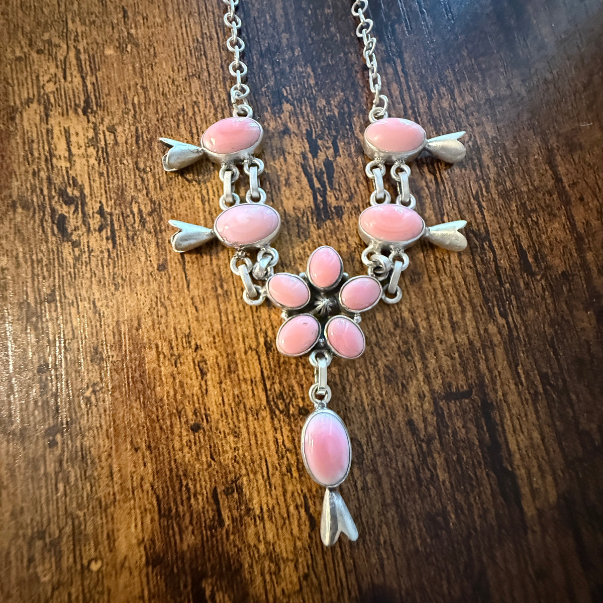 Queen Pink Conch Gemstone 20 Inch Blossom Necklace in Sterling Silver Wild West Boho