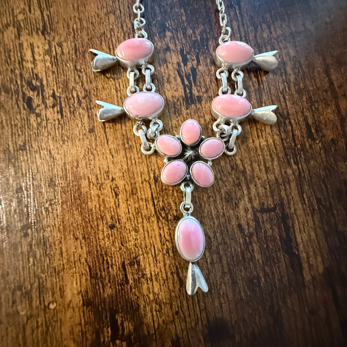 Queen Pink Conch Gemstone 20 Inch Blossom Necklace in Sterling Silver Wild West Boho