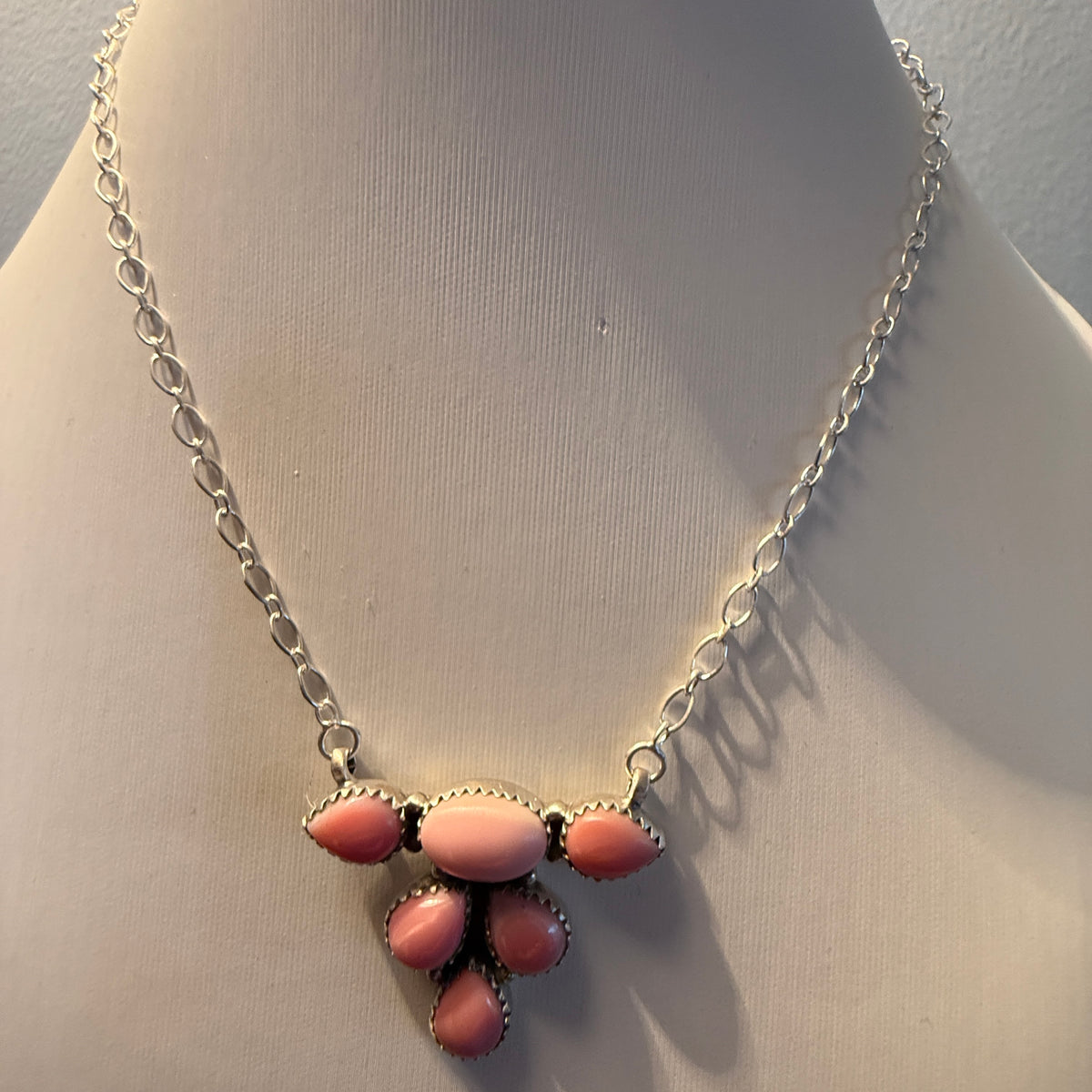 Queen Pink Conch Gemstones 18 Inch Cluster Necklace in Sterling Silver Wild West Boho