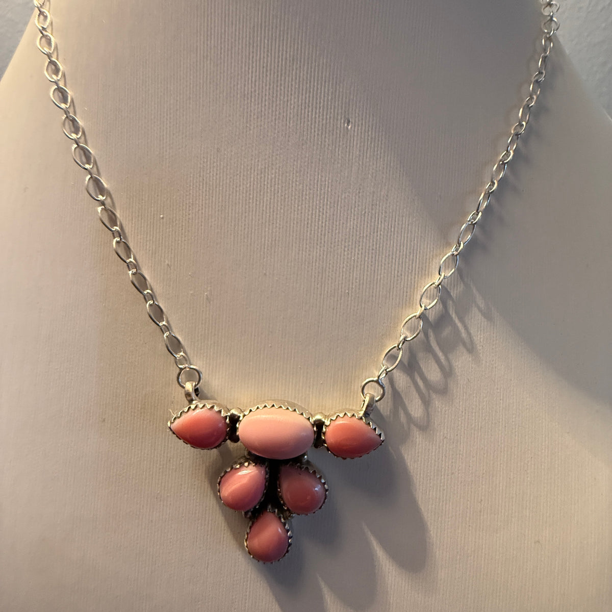 Queen Pink Conch Gemstones 18 Inch Cluster Necklace in Sterling Silver Wild West Boho