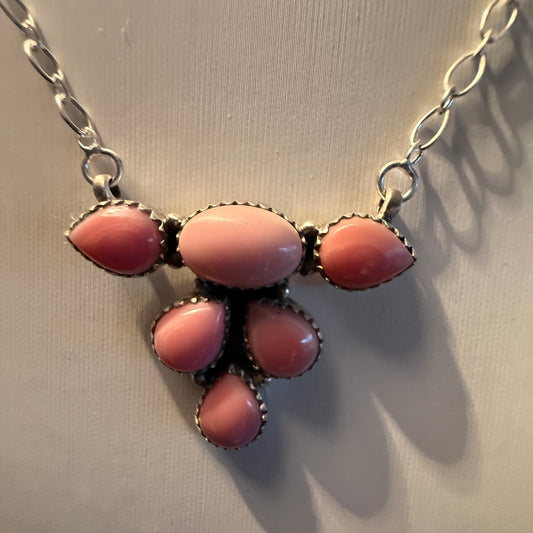 Queen Pink Conch Gemstones 18 Inch Cluster Necklace in Sterling Silver Wild West Boho