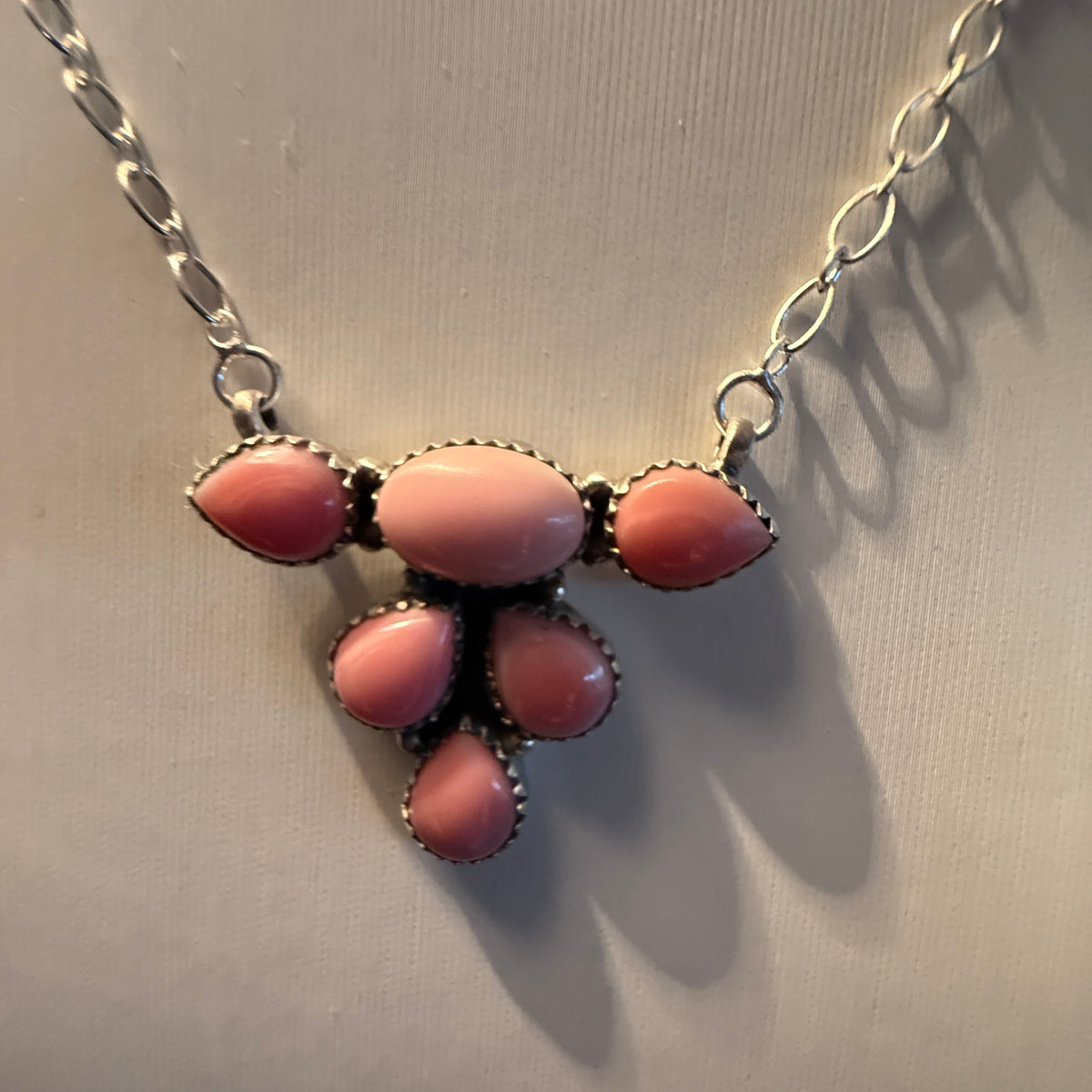 Queen Pink Conch Gemstones 18 Inch Cluster Necklace in Sterling Silver Wild West Boho