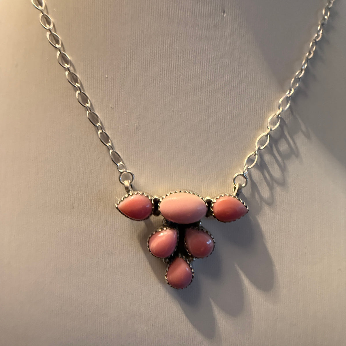 Queen Pink Conch Gemstones 18 Inch Cluster Necklace in Sterling Silver Wild West Boho