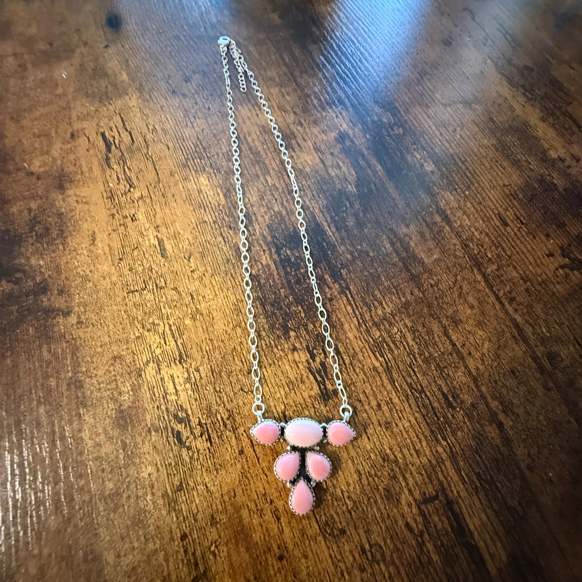 Queen Pink Conch Gemstones 18 Inch Cluster Necklace in Sterling Silver Wild West Boho