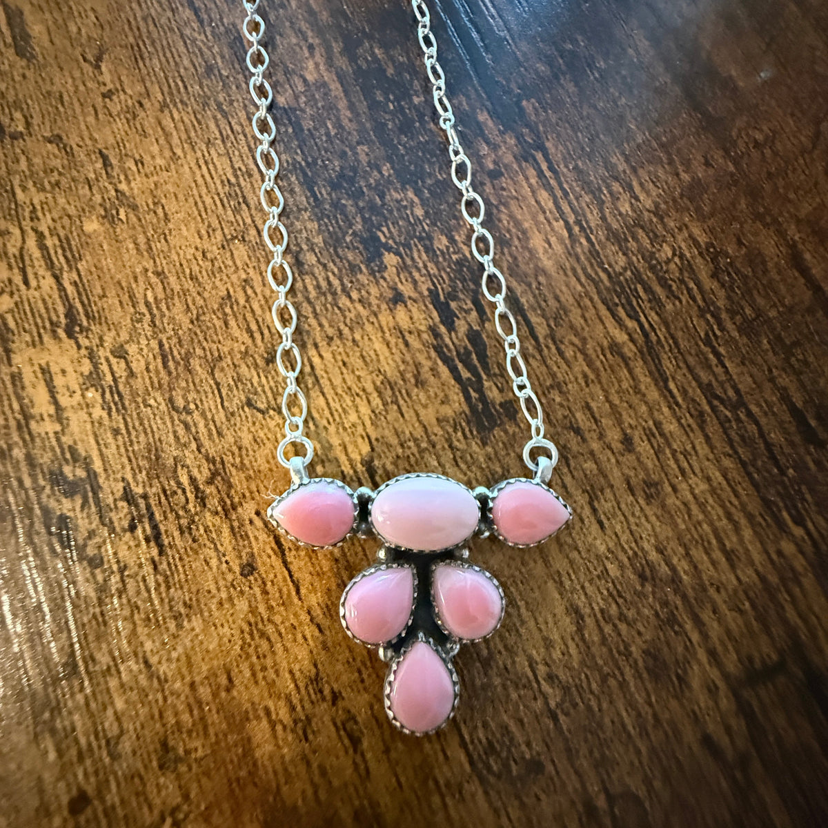 Queen Pink Conch Gemstones 18 Inch Cluster Necklace in Sterling Silver Wild West Boho