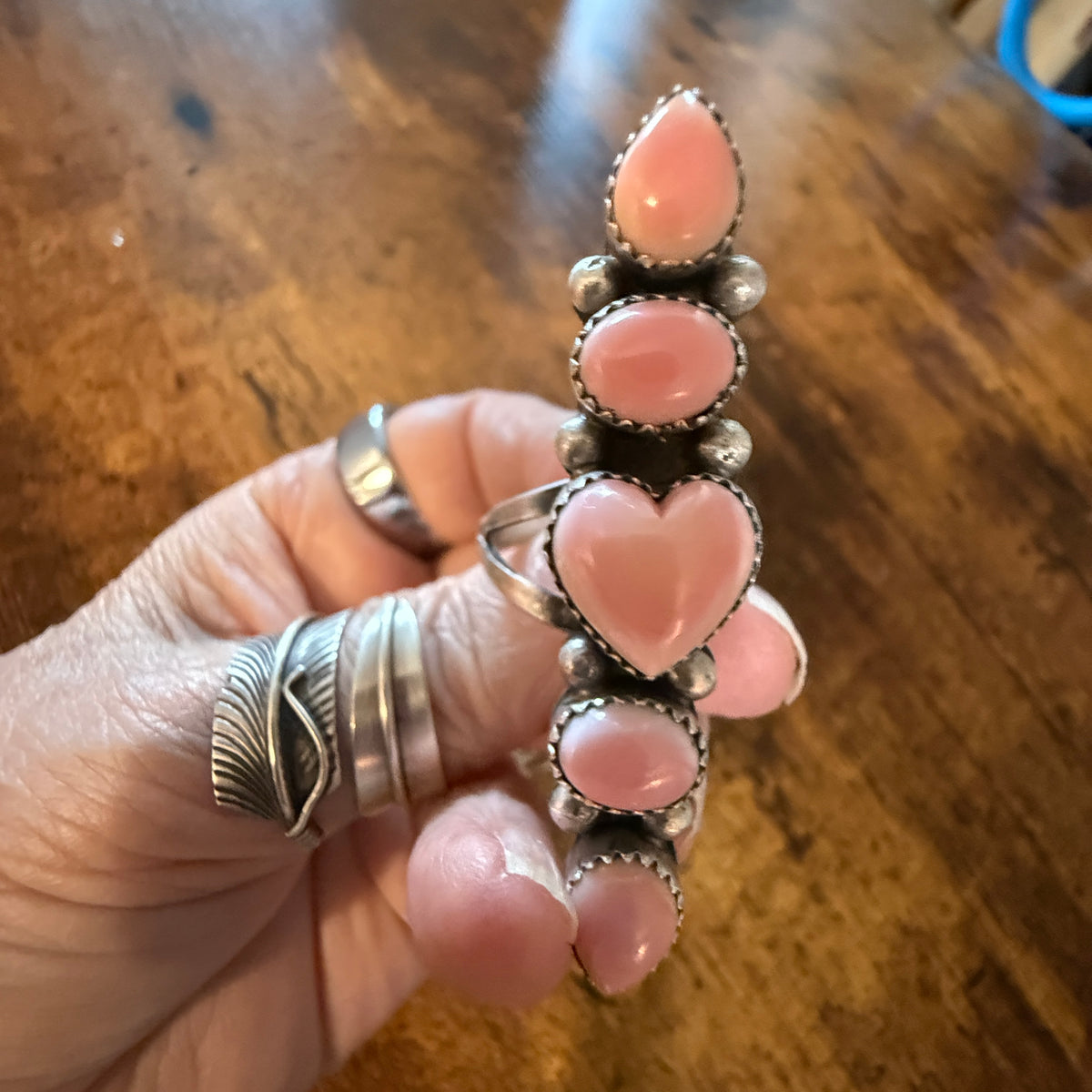 Native Signed Anisa Martinez Queen Pink Conch Ring Adjustable in Sterling Silver Wild West Boho