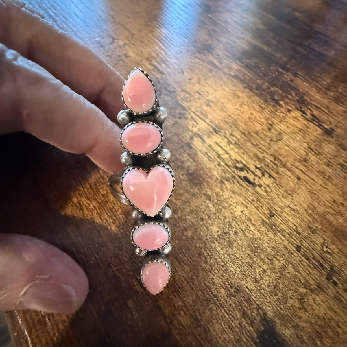 Native Signed Anisa Martinez Queen Pink Conch Ring Adjustable in Sterling Silver Wild West Boho