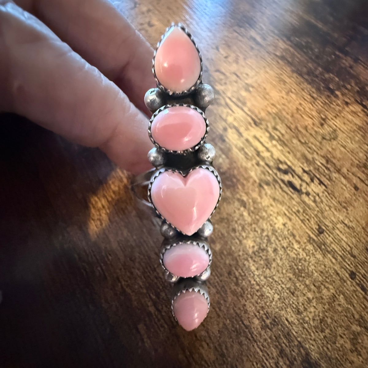 Native Signed Anisa Martinez Queen Pink Conch Ring Adjustable in Sterling Silver Wild West Boho