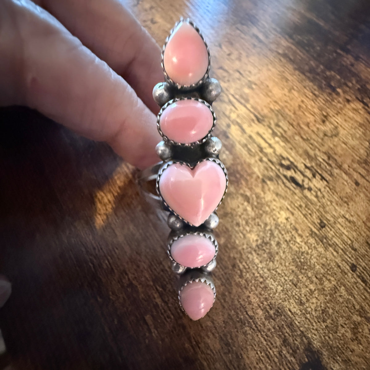 Native Signed Anisa Martinez Queen Pink Conch Ring Adjustable in Sterling Silver Wild West Boho