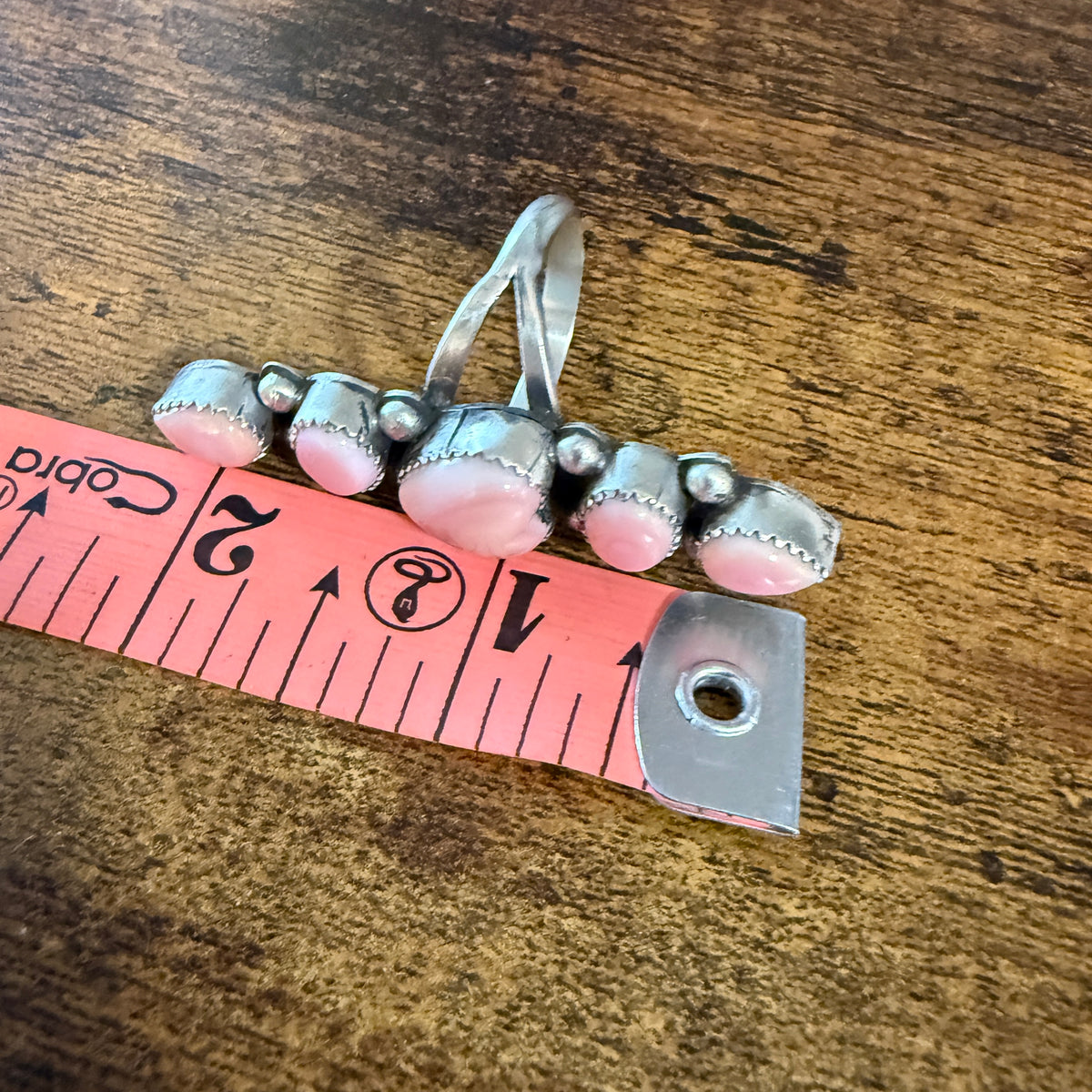 Native Signed Anisa Martinez Queen Pink Conch Ring Adjustable in Sterling Silver Wild West Boho