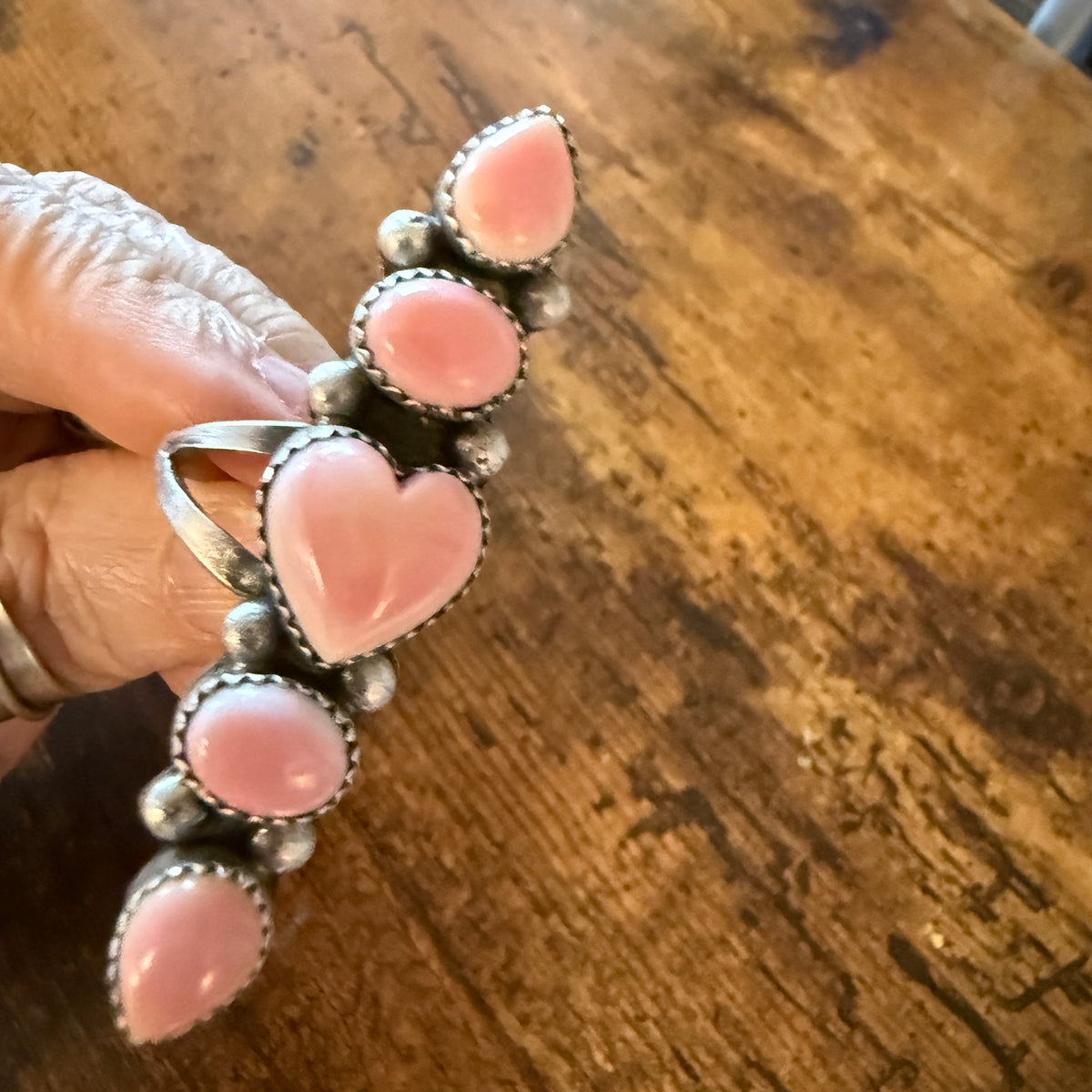 Native Signed Anisa Martinez Queen Pink Conch Ring Adjustable in Sterling Silver Wild West Boho