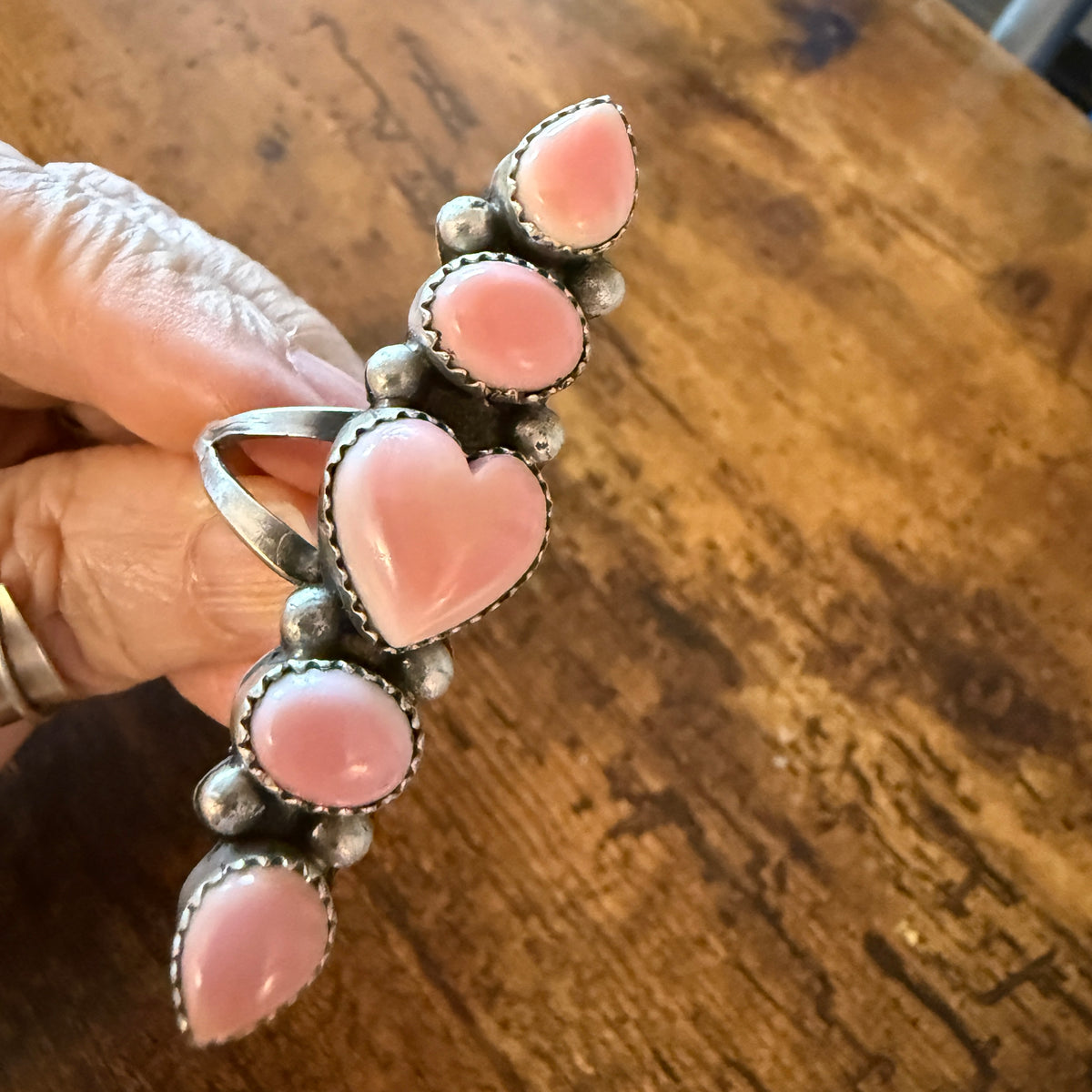 Native Signed Anisa Martinez Queen Pink Conch Ring Adjustable in Sterling Silver Wild West Boho