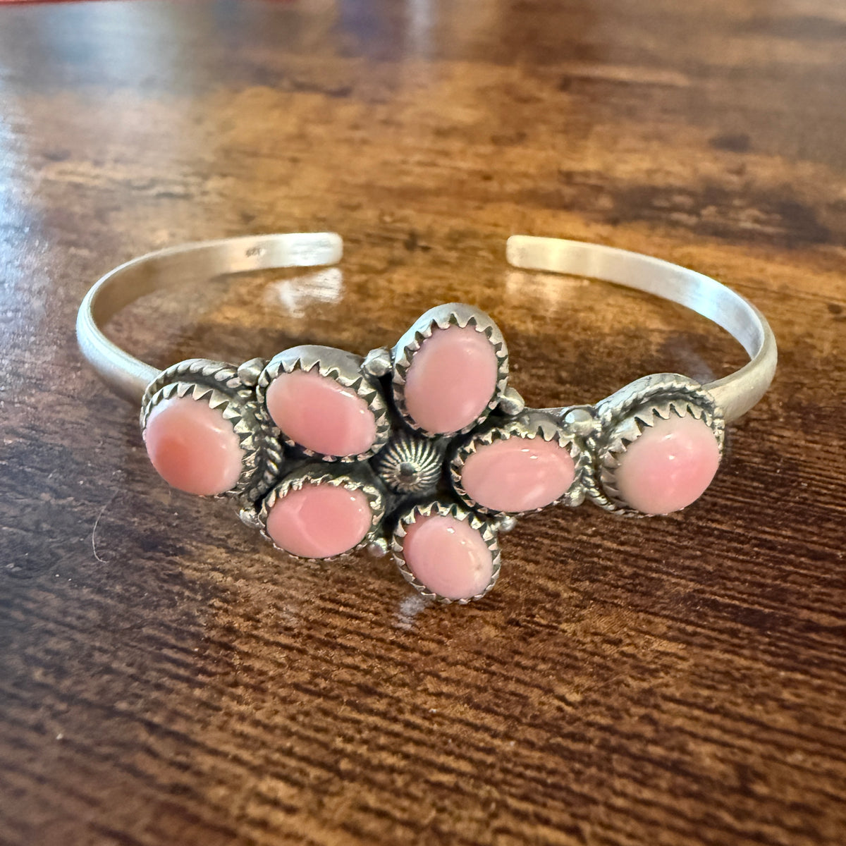 Queen Pink Conch Gemstone Cluster Cuff Bracelet Sterling Silver Wild West Boho