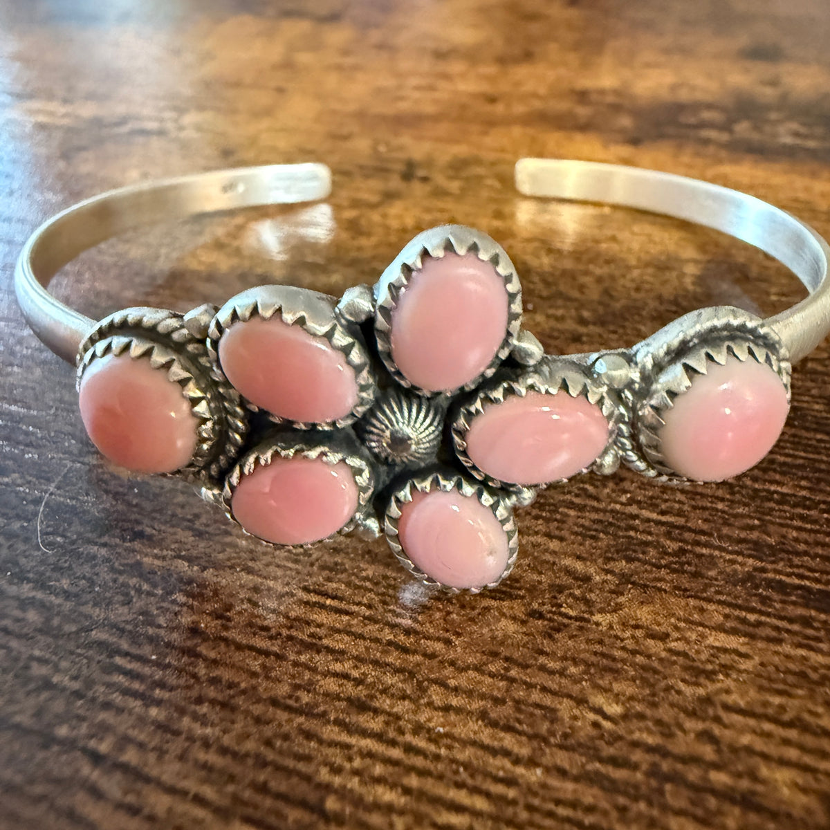 Queen Pink Conch Gemstone Cluster Cuff Bracelet Sterling Silver Wild West Boho