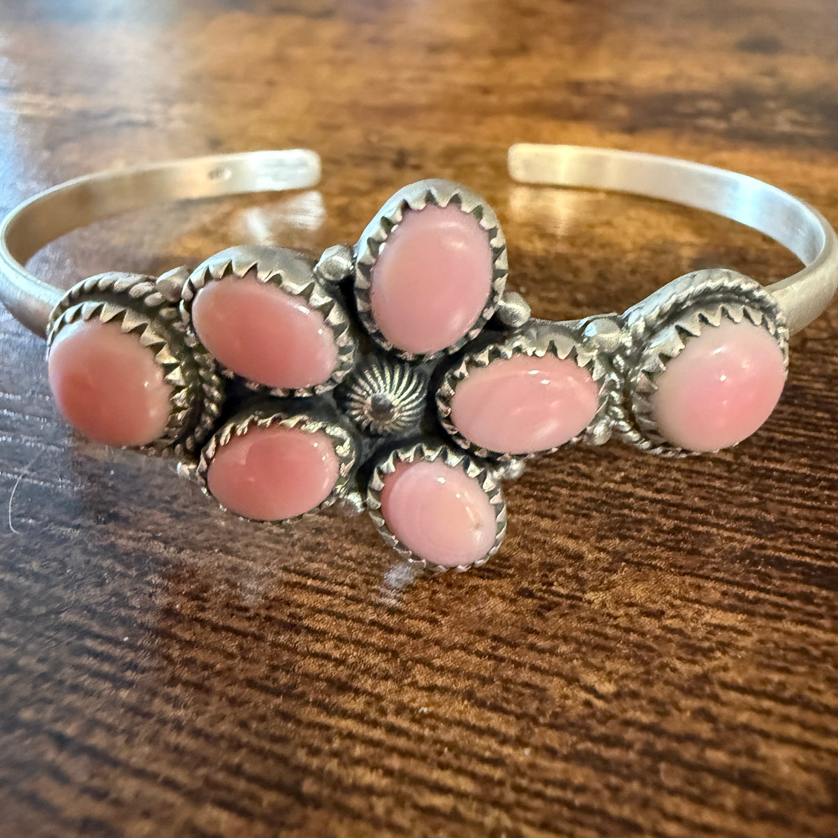 Queen Pink Conch Gemstone Cluster Cuff Bracelet Sterling Silver Wild West Boho