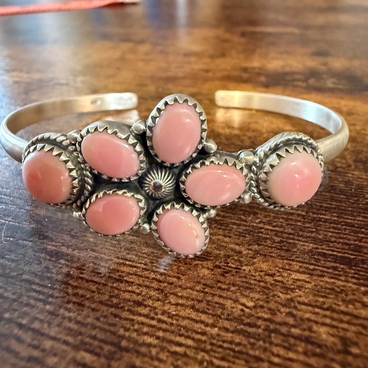 Queen Pink Conch Gemstone Cluster Cuff Bracelet Sterling Silver Wild West Boho
