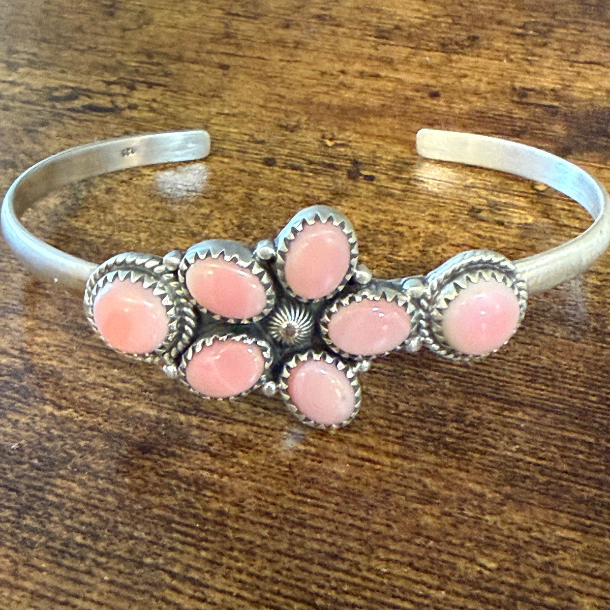Queen Pink Conch Gemstone Cluster Cuff Bracelet Sterling Silver Wild West Boho
