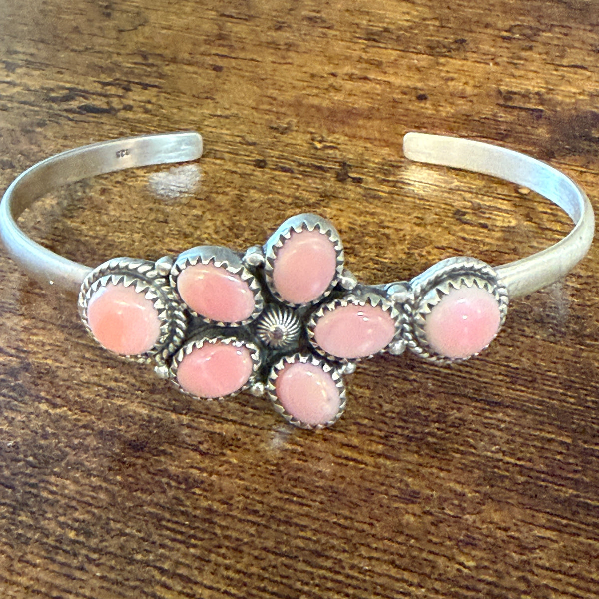 Queen Pink Conch Gemstone Cluster Cuff Bracelet Sterling Silver Wild West Boho