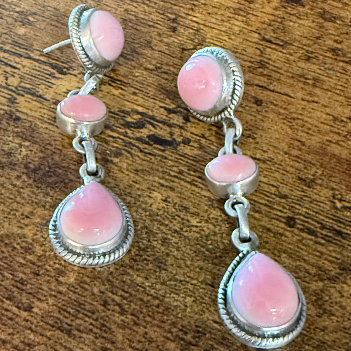 Queen Pink Conch Gemstone Three Stone Drop Stud Earrings Sterling Silver Wild West Boho