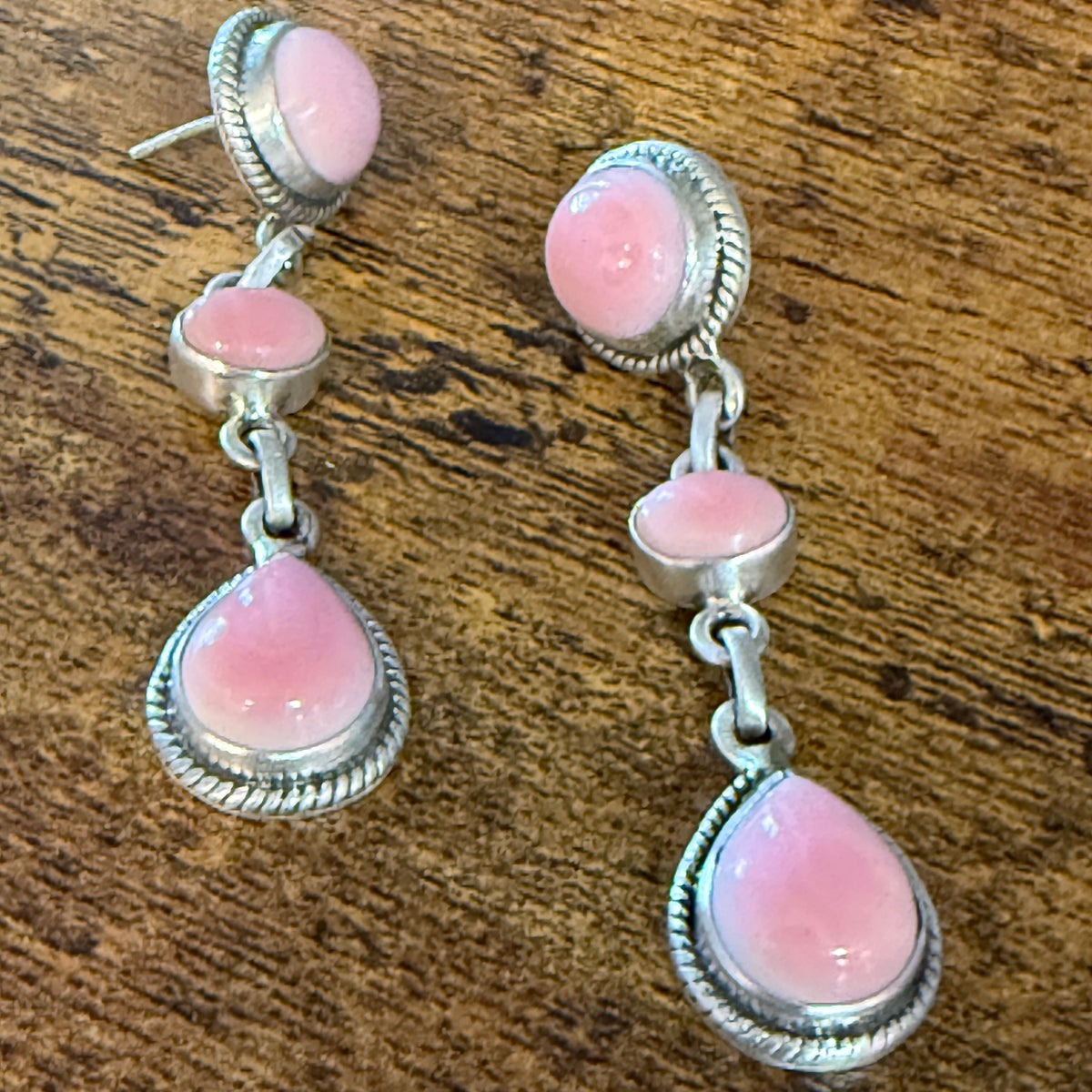 Queen Pink Conch Gemstone Three Stone Drop Stud Earrings Sterling Silver Wild West Boho
