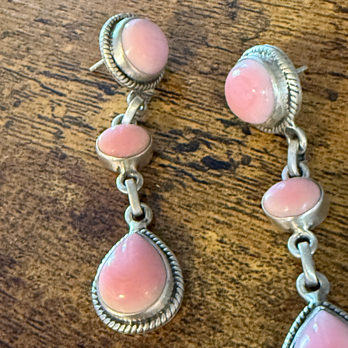 Queen Pink Conch Gemstone Three Stone Drop Stud Earrings Sterling Silver Wild West Boho
