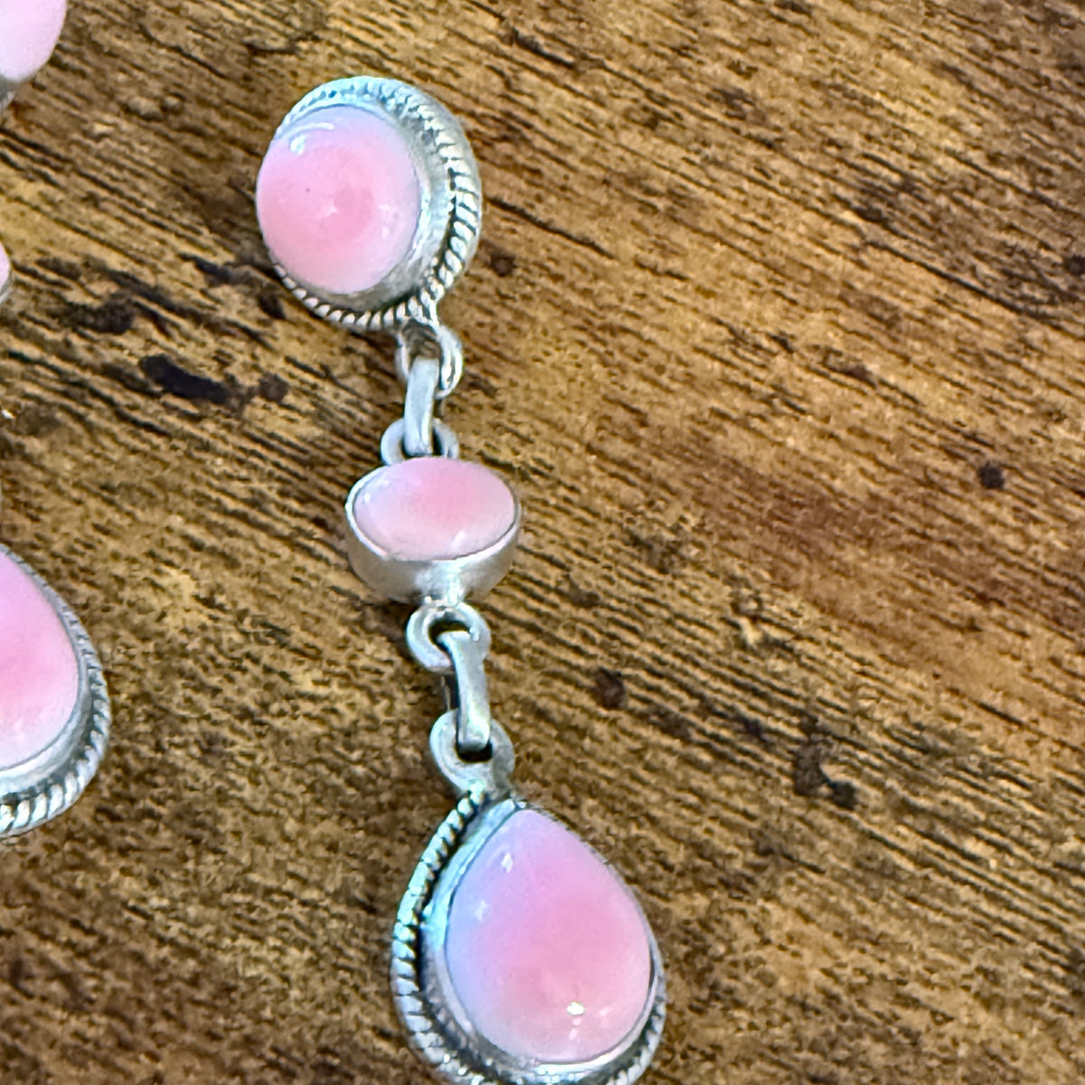 Queen Pink Conch Gemstone Three Stone Drop Stud Earrings Sterling Silver Wild West Boho