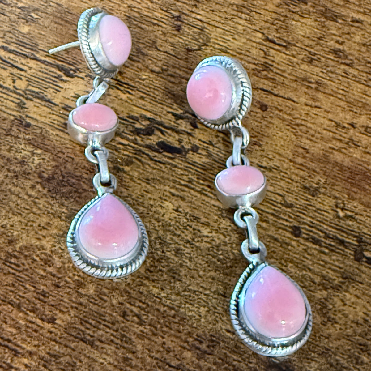 Queen Pink Conch Gemstone Three Stone Drop Stud Earrings Sterling Silver Wild West Boho