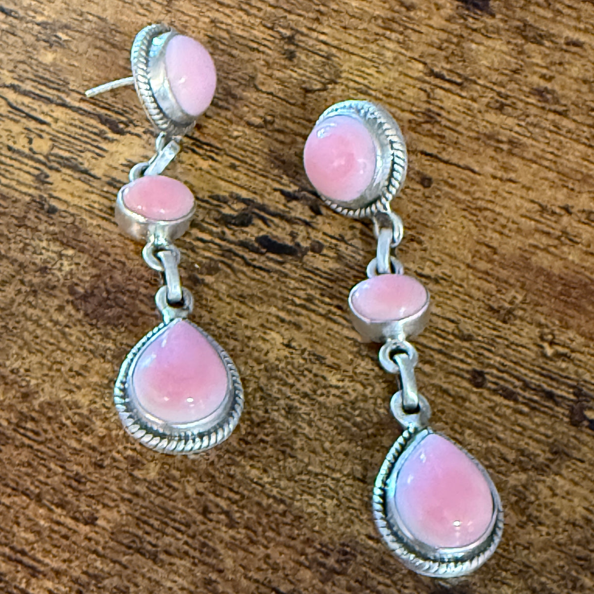 Queen Pink Conch Gemstone Three Stone Drop Stud Earrings Sterling Silver Wild West Boho