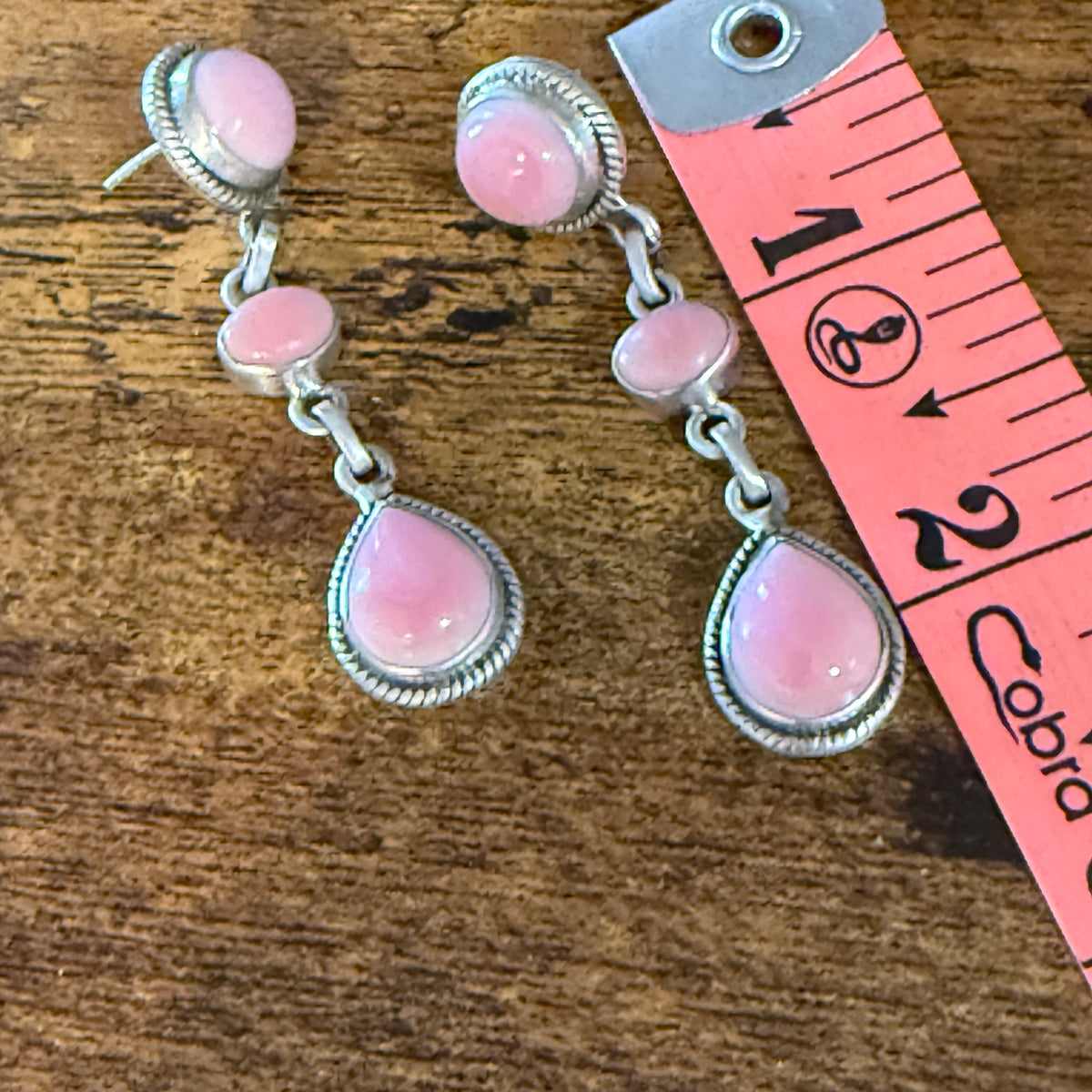 Queen Pink Conch Gemstone Three Stone Drop Stud Earrings Sterling Silver Wild West Boho