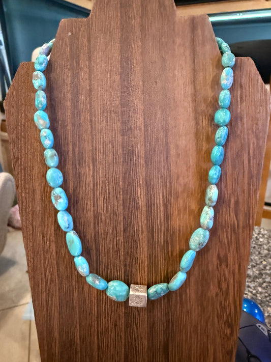 Turquoise Gemstone Nugget Necklace with Sterling Silver Block Silver Elegant