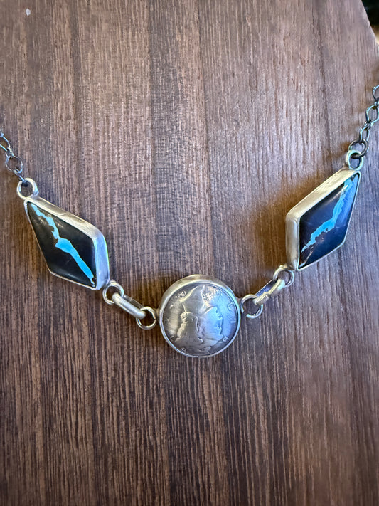 Blackjack Turquoise Gemstone 1945 Coin Choker Necklace in Sterling Silver Silver Elegant