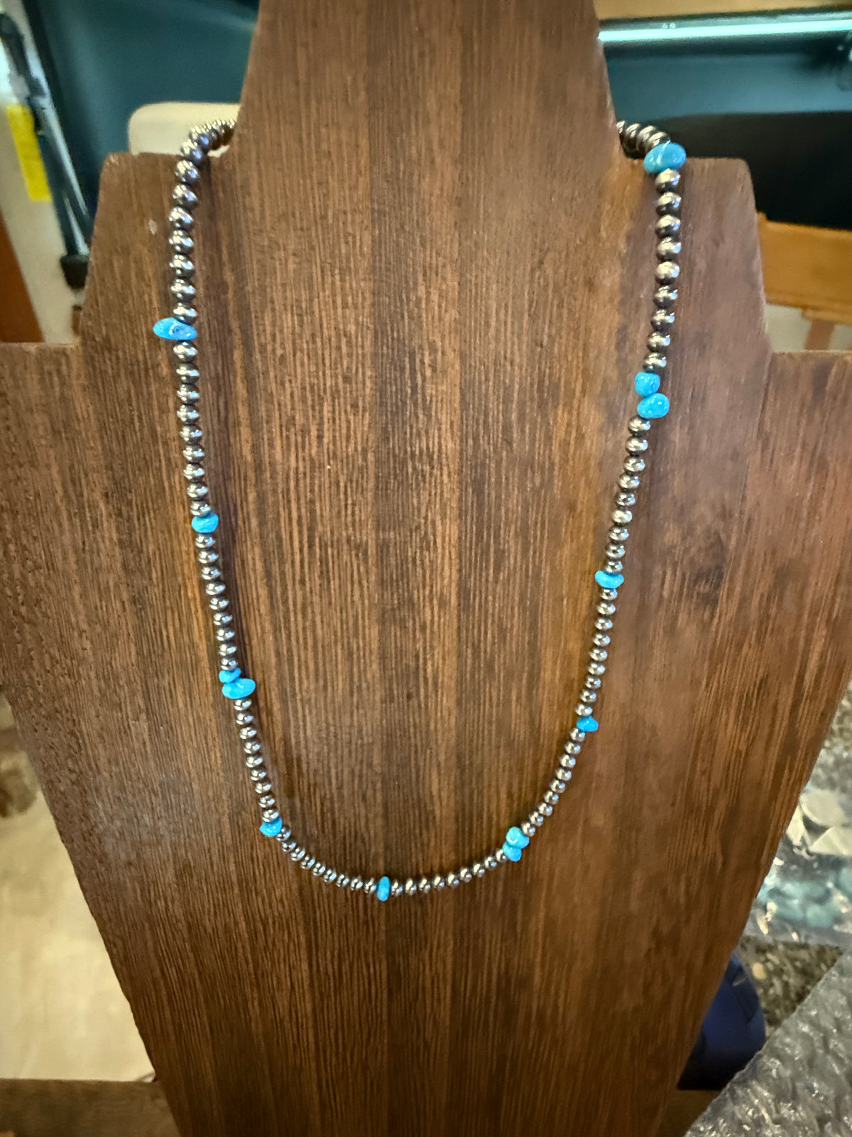 Sterling Silver 3mm Desert Pearls and Turquoise Choker Necklace 14 Inches Silver Elegant