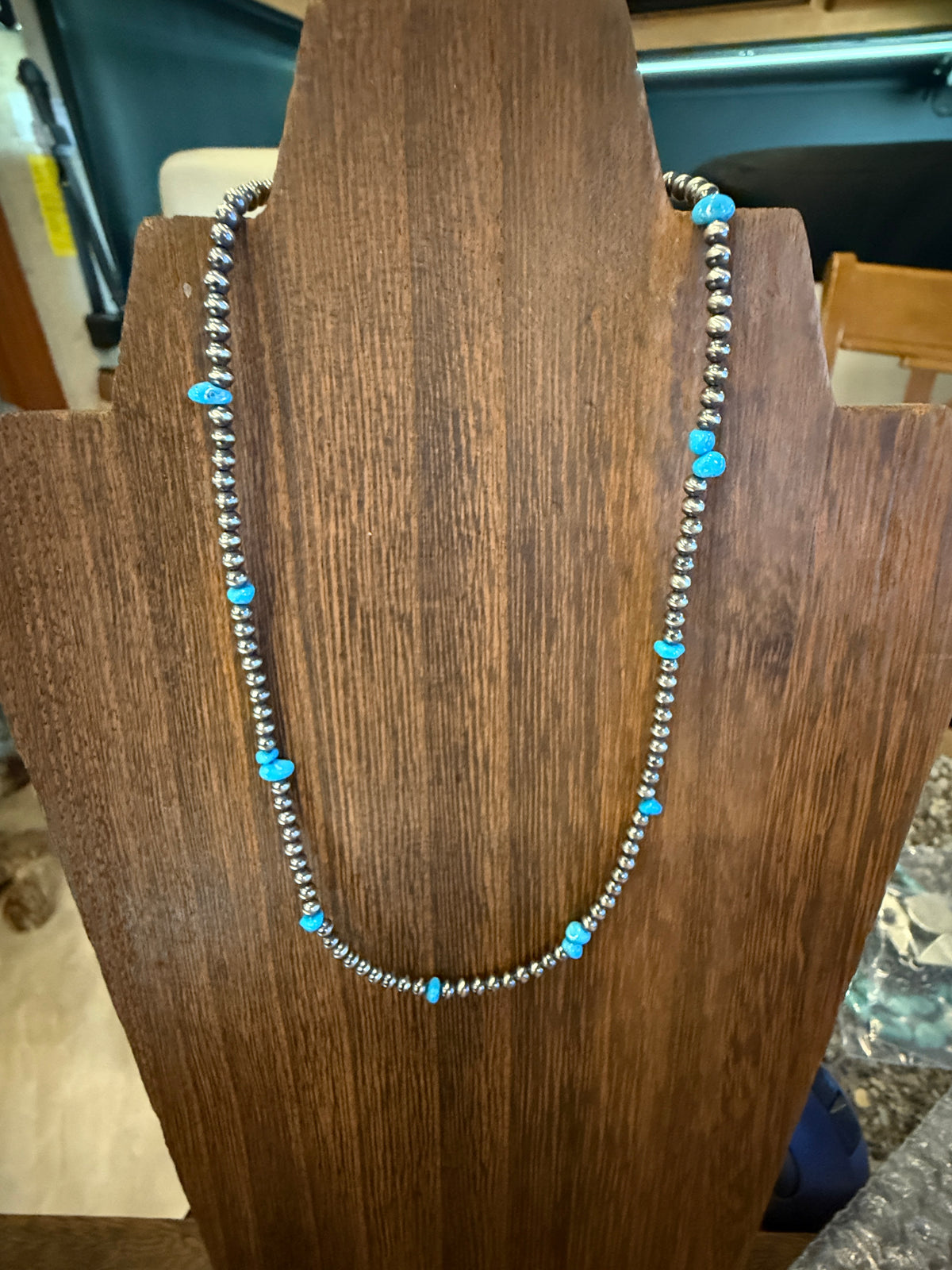 Sterling Silver 3mm Desert Pearls and Turquoise Choker Necklace 14 Inches Silver Elegant