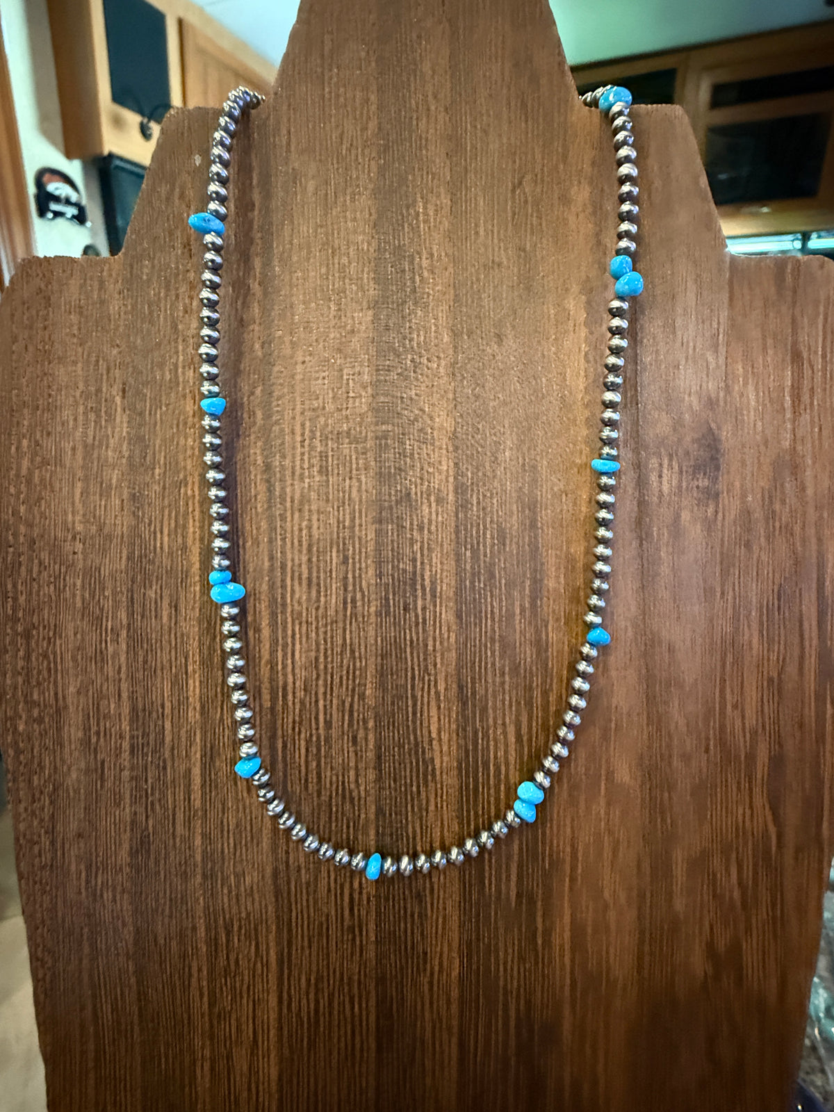 Sterling Silver 3mm Desert Pearls and Turquoise Choker Necklace 14 Inches Silver Elegant