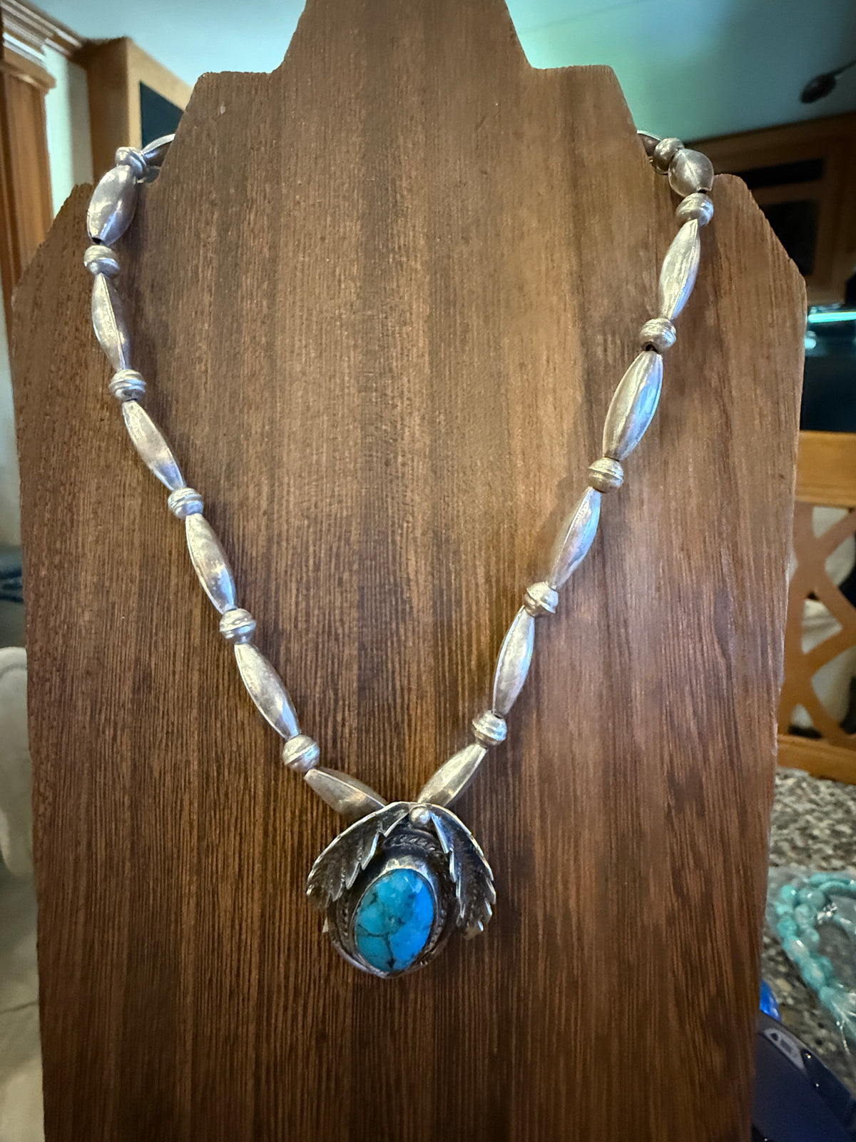 Vintage Navajo Handmade Kingman Turquoise Necklace in Sterling Silver 24 Inch Silver Elegant