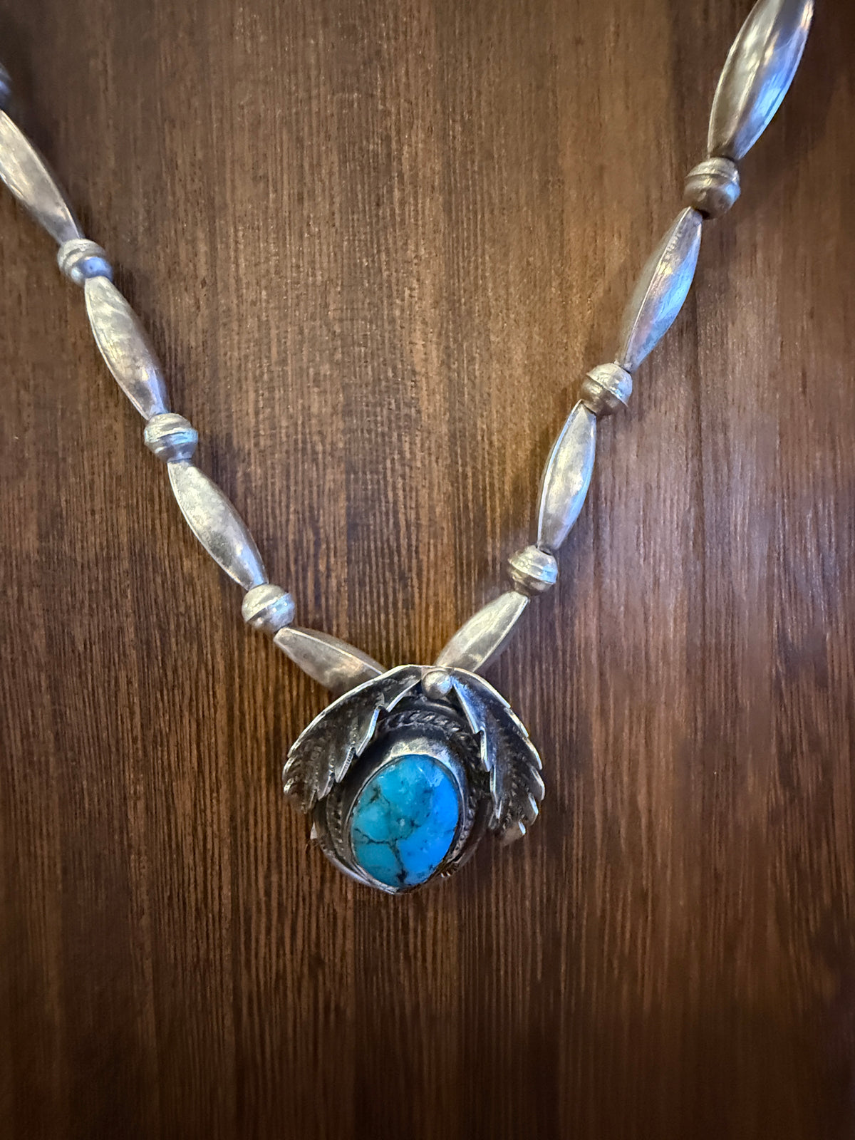 Vintage Navajo Handmade Kingman Turquoise Necklace in Sterling Silver 24 Inch Silver Elegant