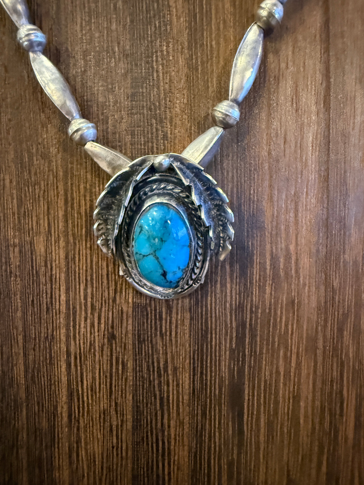 Vintage Navajo Handmade Kingman Turquoise Necklace in Sterling Silver 24 Inch Silver Elegant
