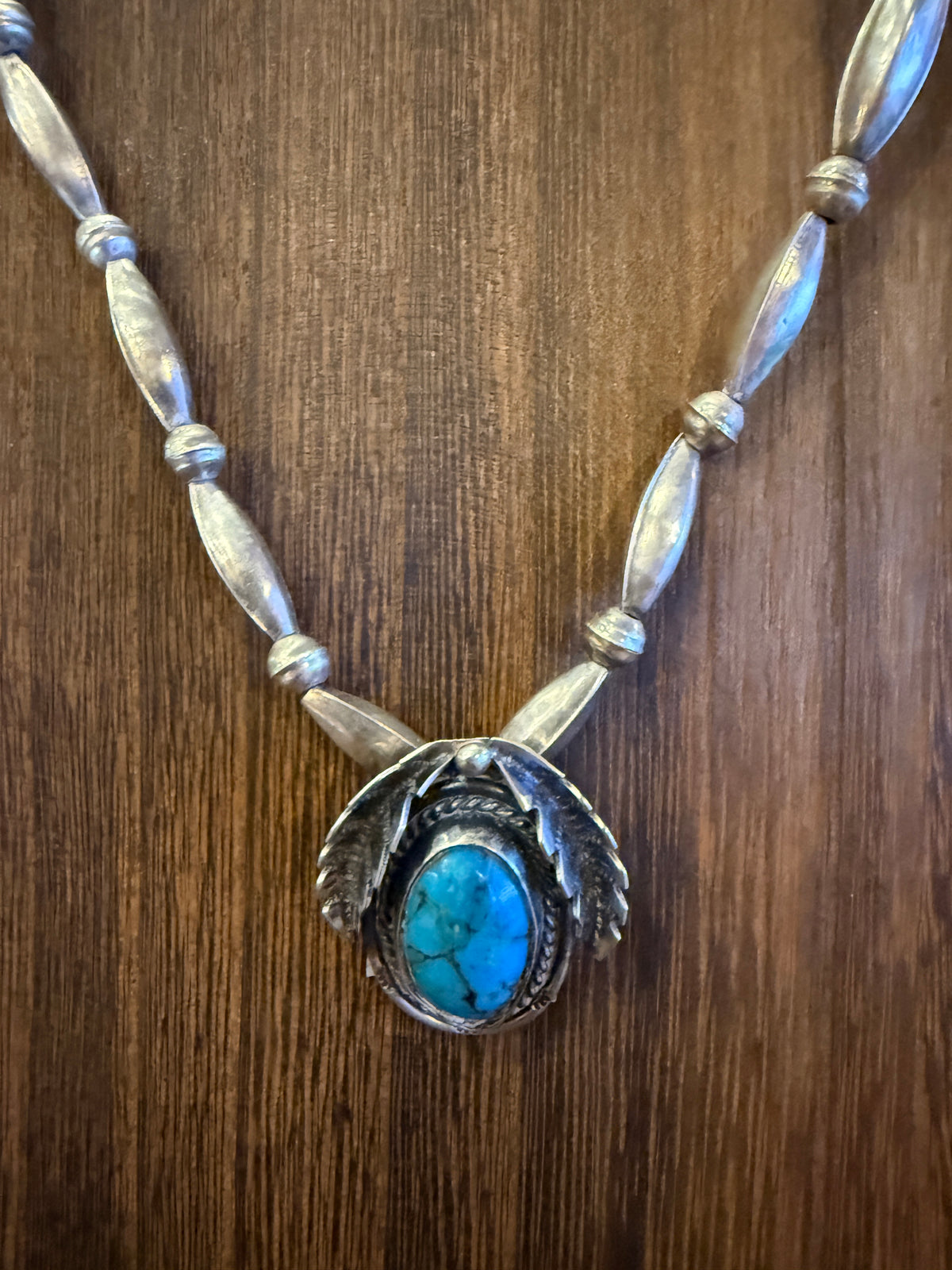 Vintage Navajo Handmade Kingman Turquoise Necklace in Sterling Silver 24 Inch Silver Elegant