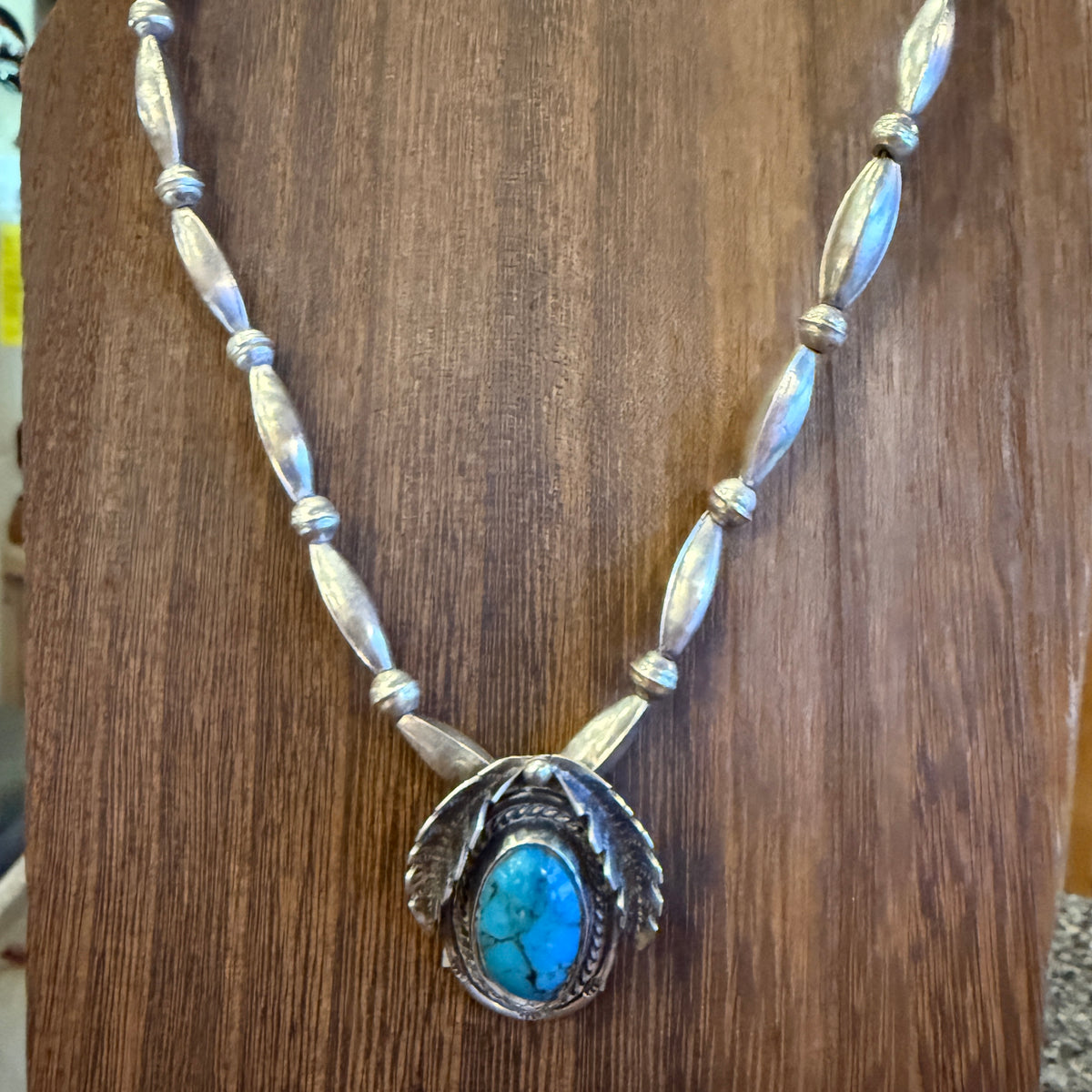 Vintage Navajo Handmade Kingman Turquoise Necklace in Sterling Silver 24 Inch Silver Elegant