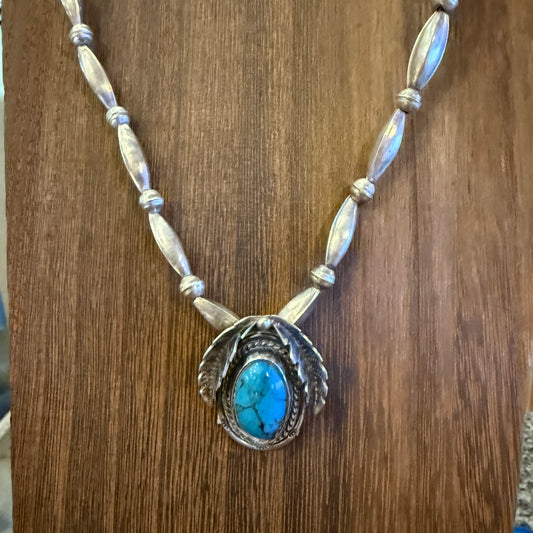 Vintage Navajo Handmade Kingman Turquoise Necklace in Sterling Silver 24 Inch Silver Elegant