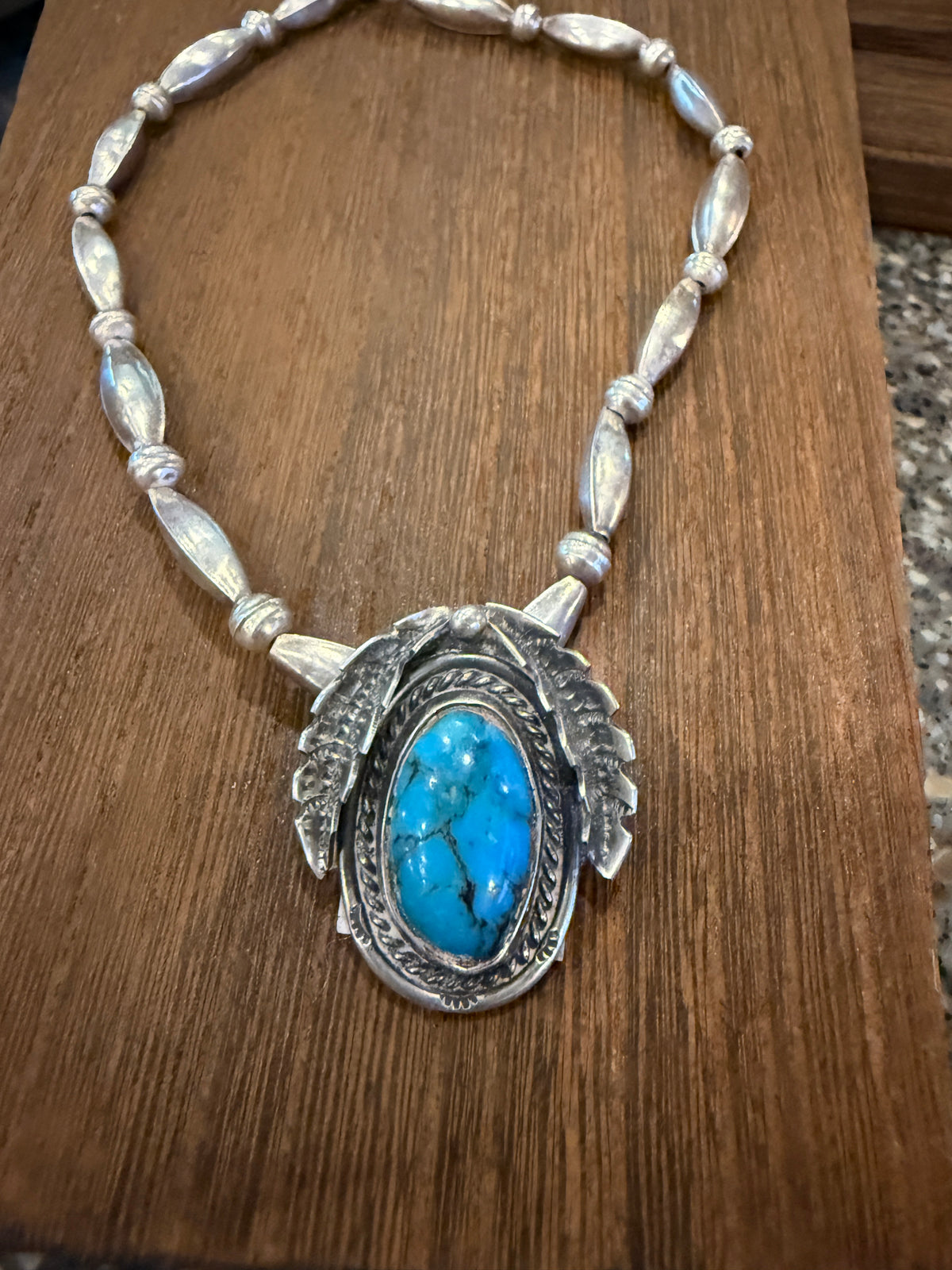 Vintage Navajo Handmade Kingman Turquoise Necklace in Sterling Silver 24 Inch Silver Elegant