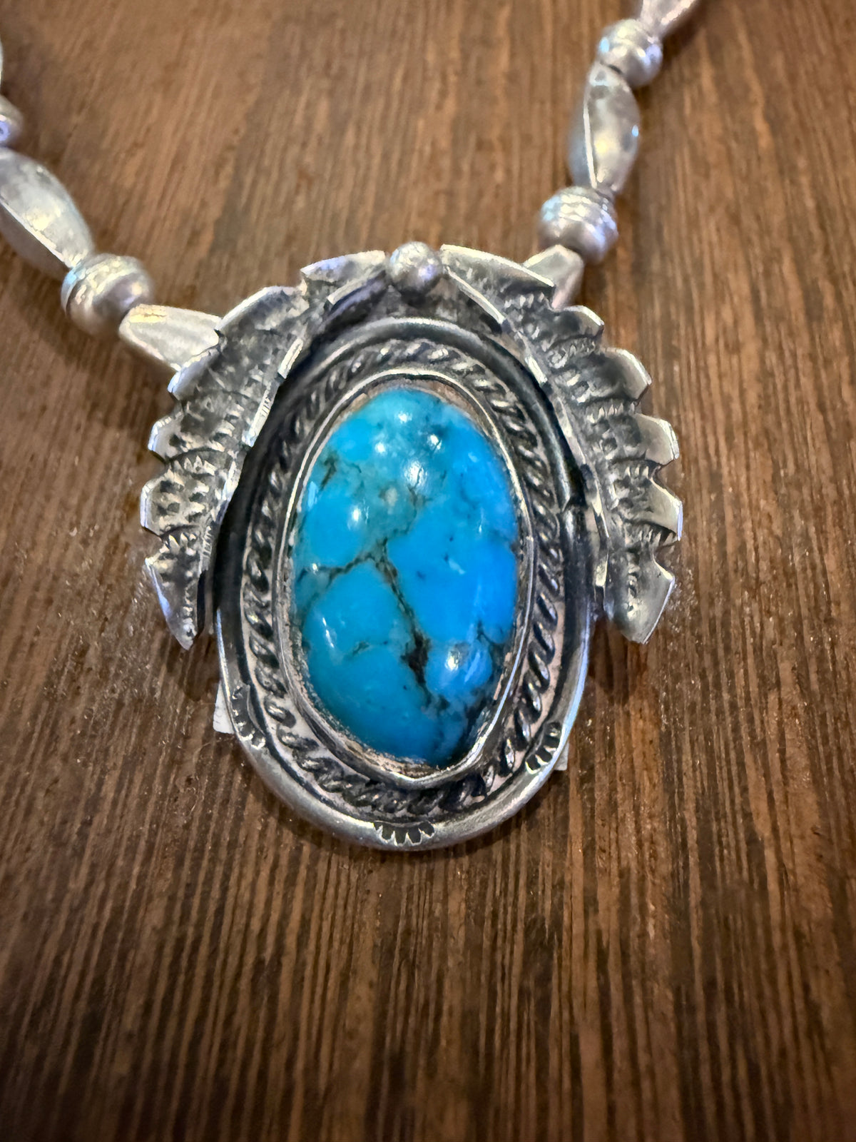 Vintage Navajo Handmade Kingman Turquoise Necklace in Sterling Silver 24 Inch Silver Elegant