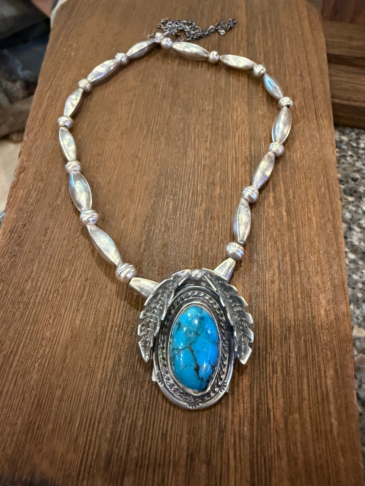 Vintage Navajo Handmade Kingman Turquoise Necklace in Sterling Silver 24 Inch Silver Elegant