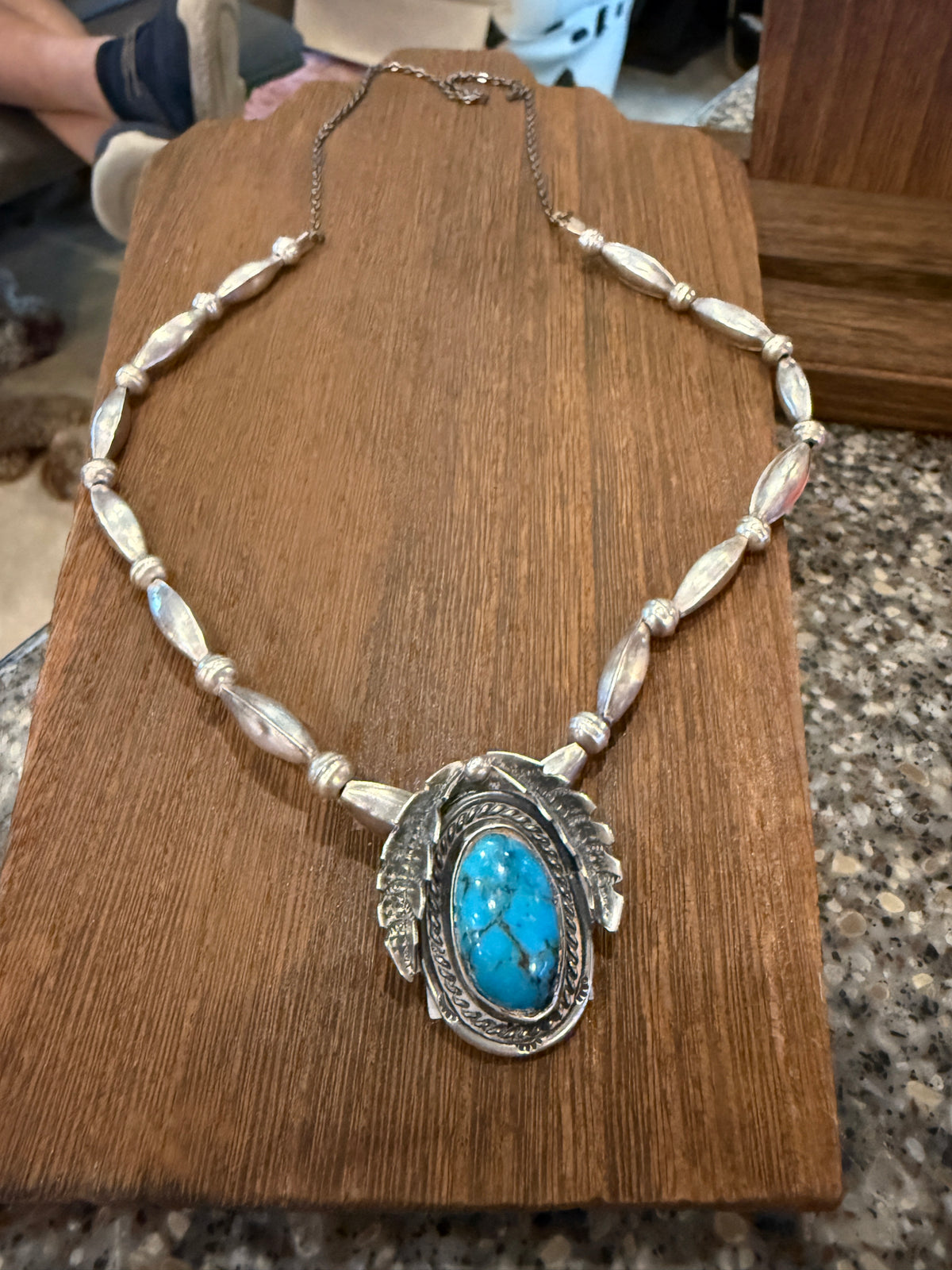 Vintage Navajo Handmade Kingman Turquoise Necklace in Sterling Silver 24 Inch Silver Elegant