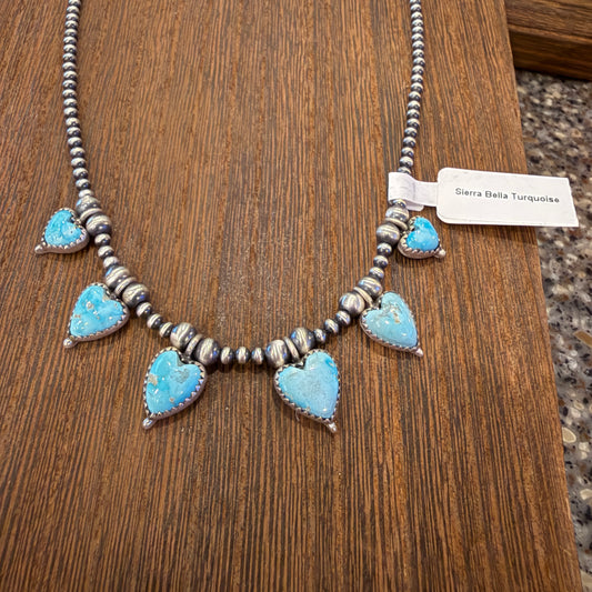 Sierra Bella Turquoise Gemstone Heart Choker Necklace 3mm Sterling Silver Desert Pearls Silver Elegant