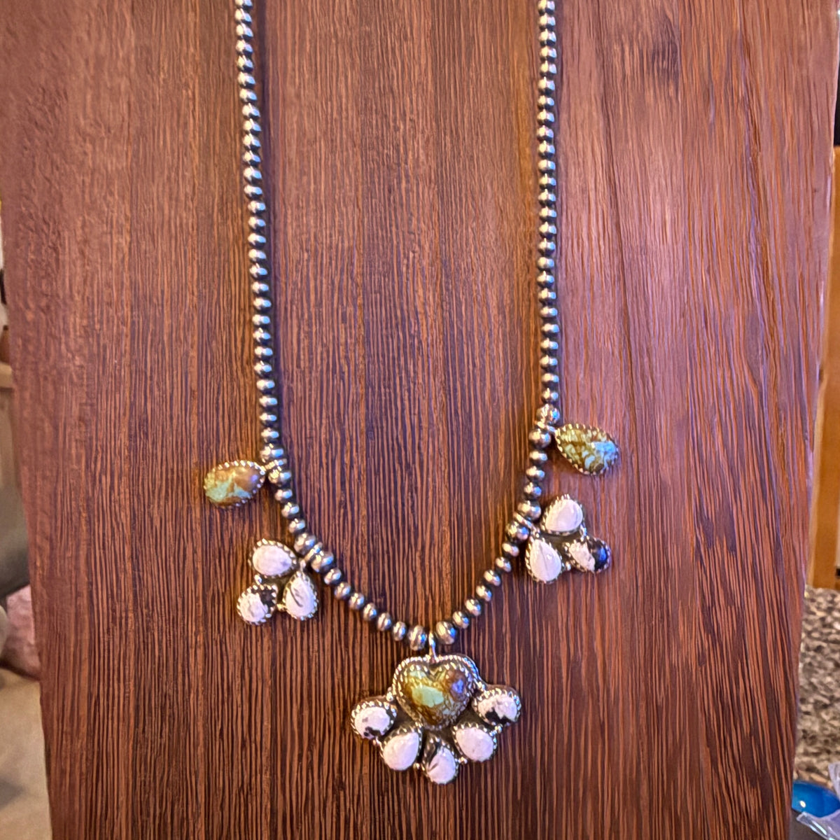 Wild Horse Dahlia and Number 8 Mine Turquoise Choker Necklace 3mm Sterling Silver Desert Pearls 16 Inch Silver Elegant