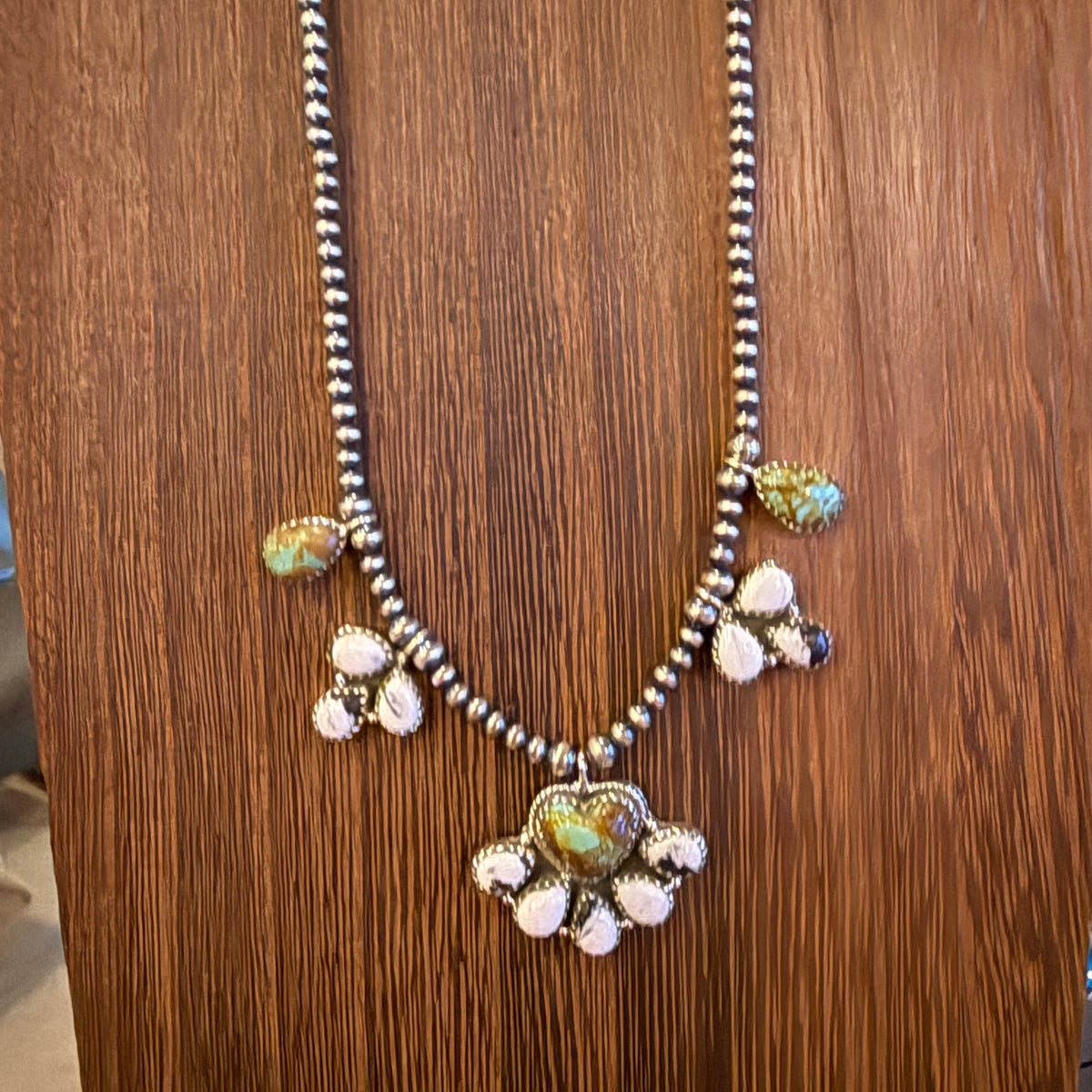 Wild Horse Dahlia and Number 8 Mine Turquoise Choker Necklace 3mm Sterling Silver Desert Pearls 16 Inch Silver Elegant