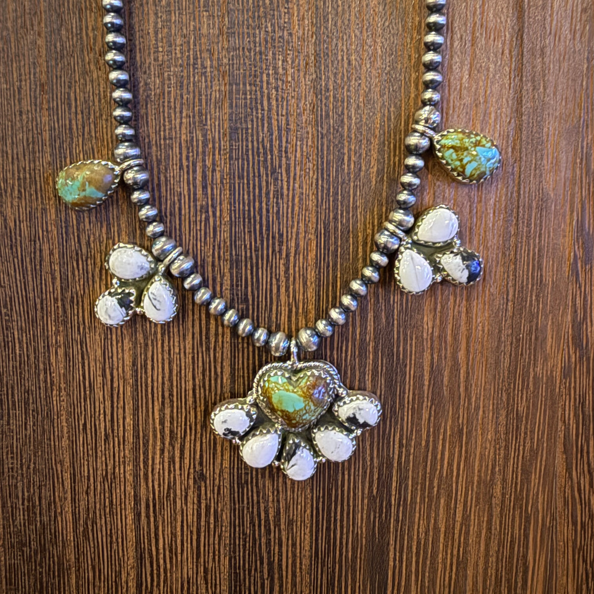 Wild Horse Dahlia and Number 8 Mine Turquoise Choker Necklace 3mm Sterling Silver Desert Pearls 16 Inch Silver Elegant