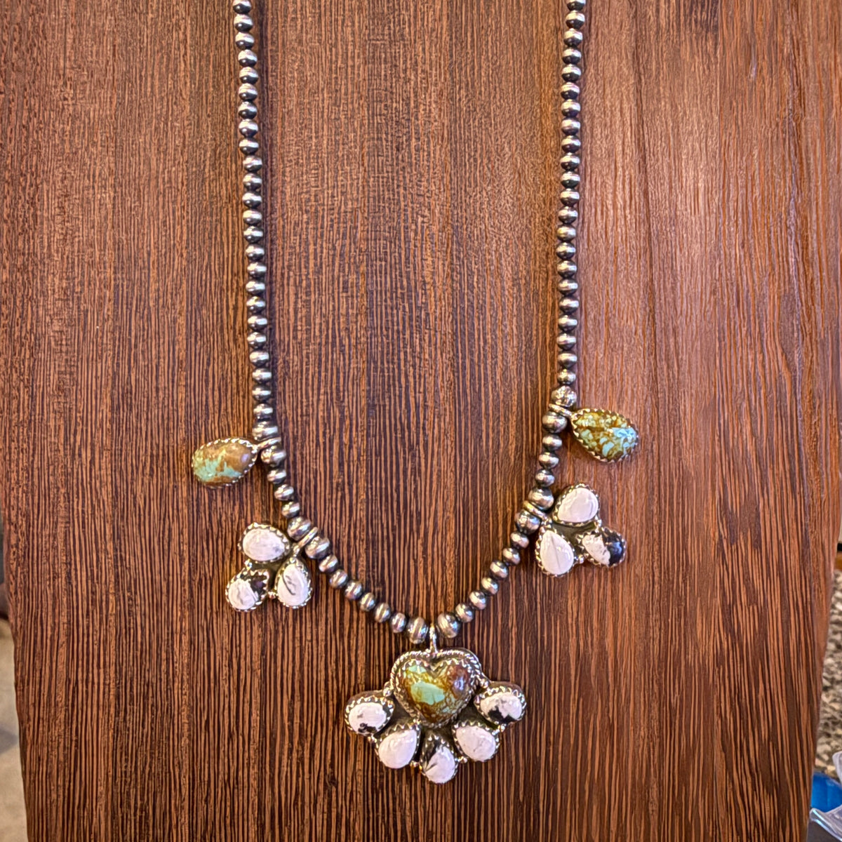 Wild Horse Dahlia and Number 8 Mine Turquoise Choker Necklace 3mm Sterling Silver Desert Pearls 16 Inch Silver Elegant