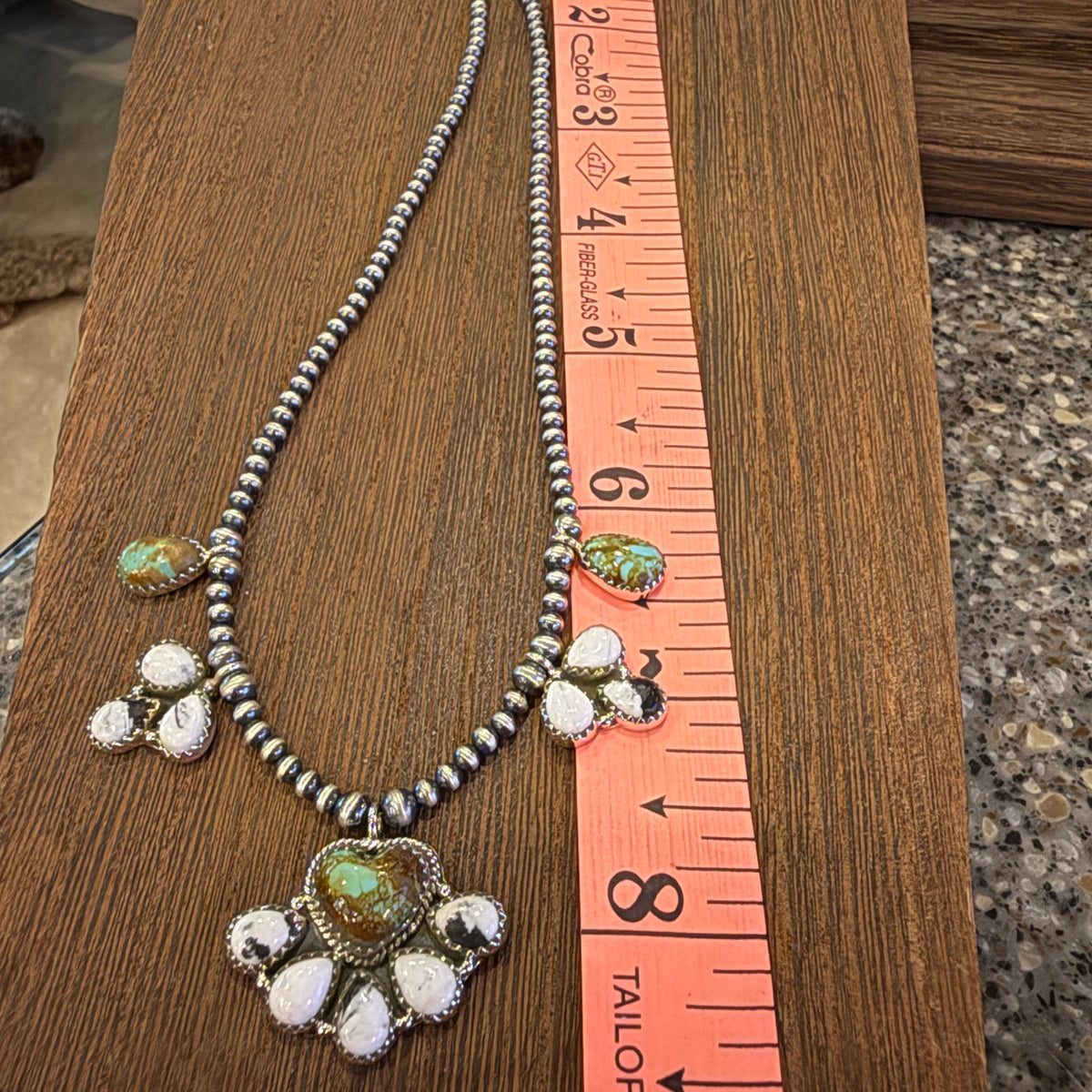 Wild Horse Dahlia and Number 8 Mine Turquoise Choker Necklace 3mm Sterling Silver Desert Pearls 16 Inch Silver Elegant